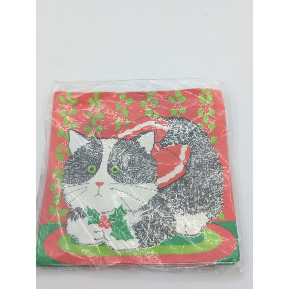 Vth 1981 Cost Plus inc 10 Napkins paper Square Red Cat Holly Christmas READ